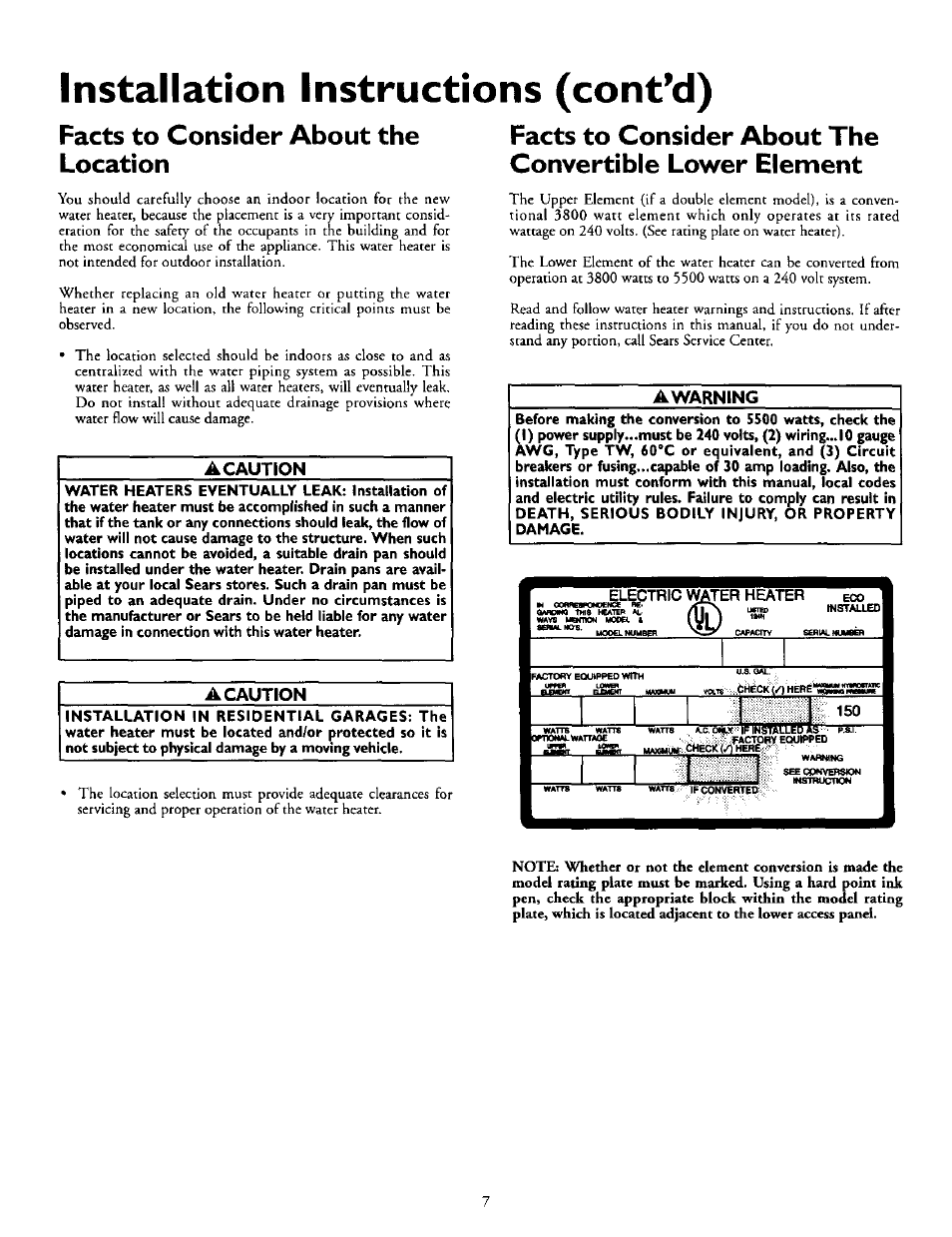 Wâjf, Installation instructions (cont'd), Lihstaliejls | Facts to consider about the location, A caution, Awarning | Kenmore POWER MISER 153.327164 User Manual | Page 7 / 28