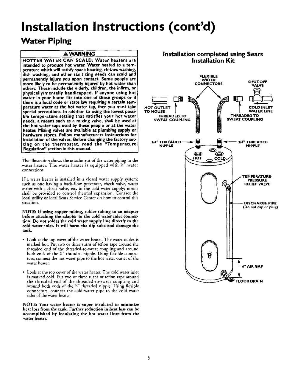 Installation instructions (contad), Water piping | Kenmore POWER MISER 153.327164 User Manual | Page 8 / 28