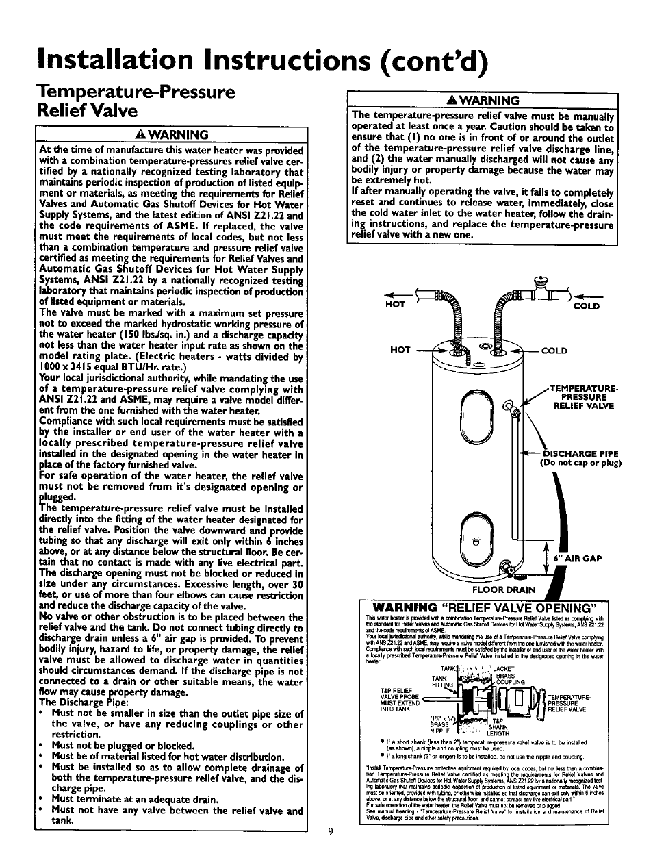 Tem peratu re-p ressure relief valve, Temperature-pressure relief valve, Installation instructions (cont*d) | Warning, Awarning, Relief valve opening | Kenmore POWER MISER 153.327164 User Manual | Page 9 / 28