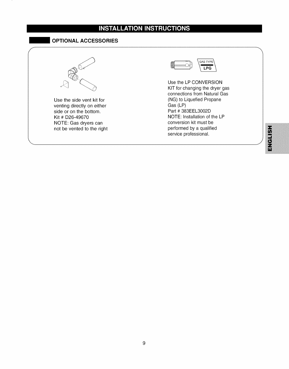 Optional accessories, Installation instructions | Kenmore ELITE 796.7927# User Manual | Page 9 / 72