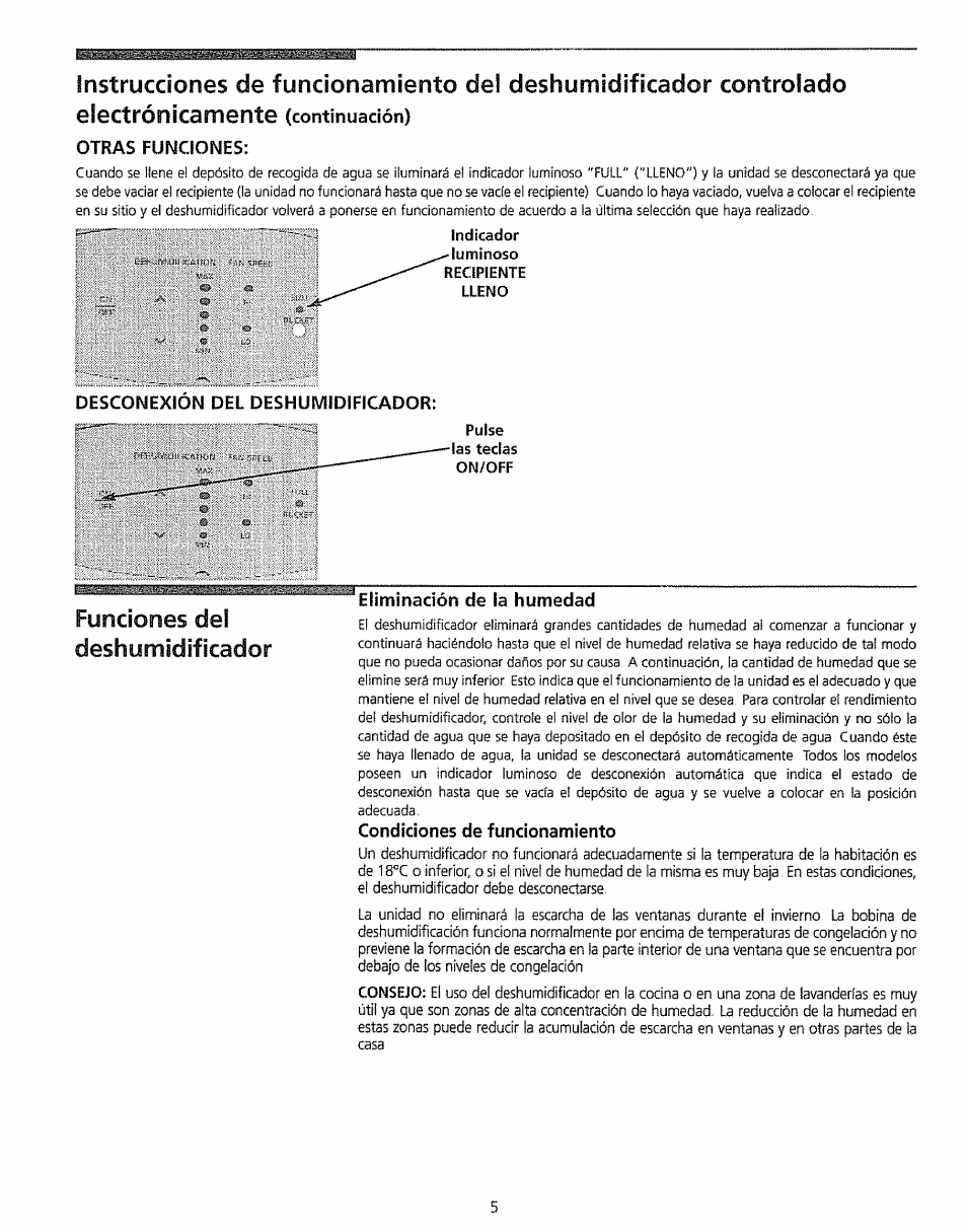 Otras funciones, Desconexión del deshumidificador, Eliminación de la humedad | Condiciones de funcionamiento, Funciones del deshumidificador | Kenmore 5065 User Manual | Page 13 / 24