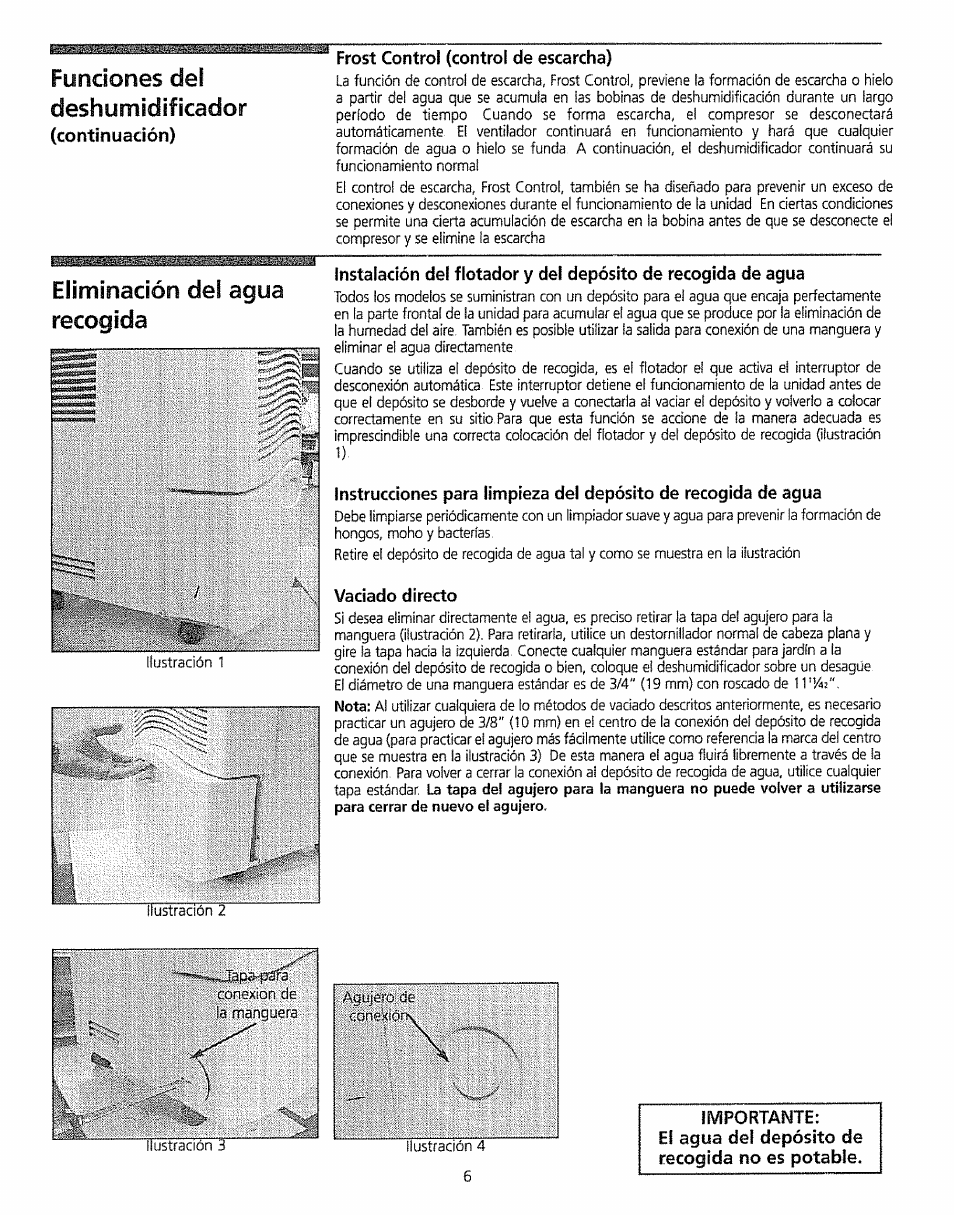 Frost control (control de escarcha), Vaciado directo, Importante | El agua del depósito de recogida no es potable, Fundones del deshumidificador, Eliminación del agua recogida, Continuación) | Kenmore 5065 User Manual | Page 14 / 24