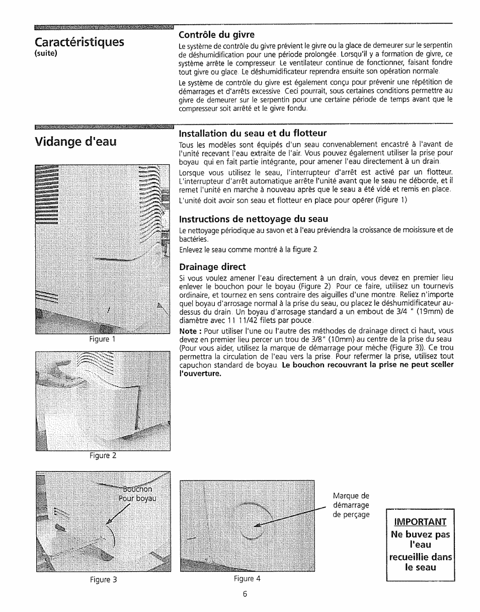 Contrôle du givre, Installation du seau et du flotteur, Instructions de nettoyage du seau | Drainage direct, Important ne buvez pas l’eau, Recueillie dans le seau, Caractéristiques, Vidange d'eau | Kenmore 5065 User Manual | Page 21 / 24