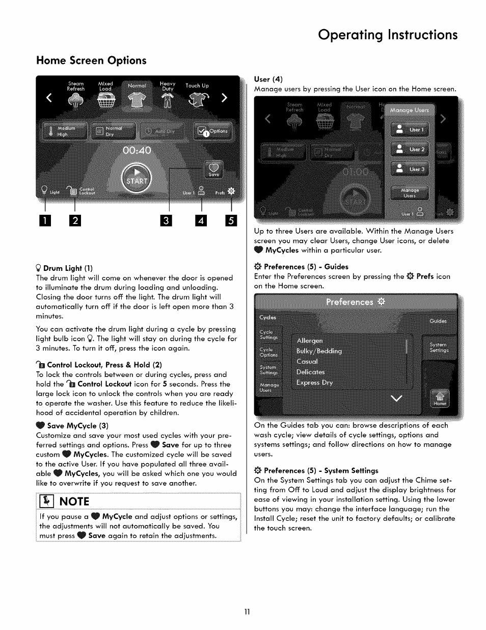 Operating instructions, Home screen options | Kenmore 417.8413 User Manual | Page 11 / 20