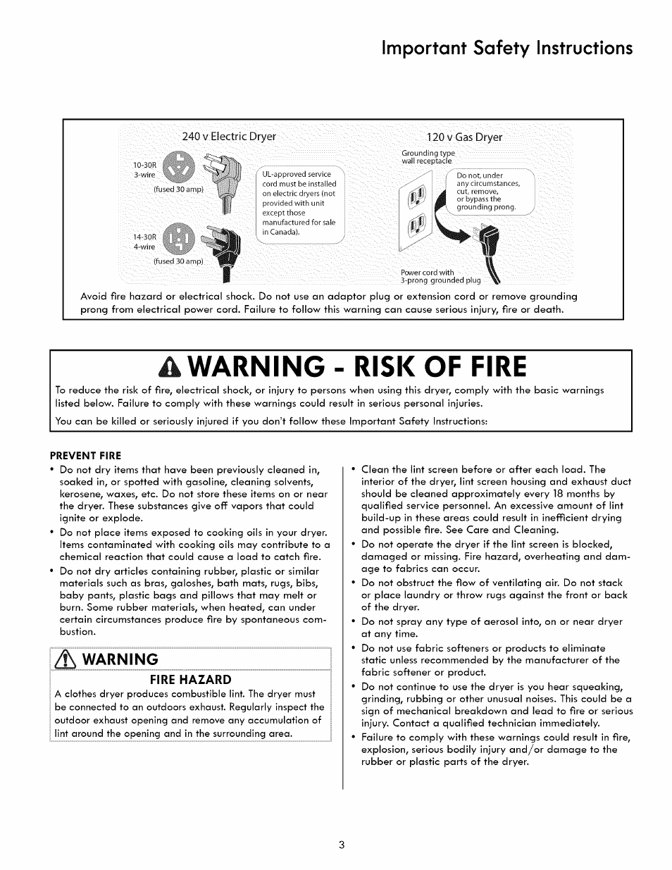 Prevent fire, Warning, A warning - risk of fire | Important safety instructions, Fire hazard | Kenmore 417.8413 User Manual | Page 3 / 20