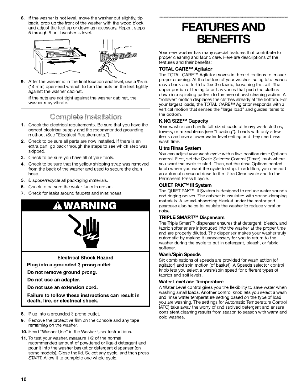 Features and, Benefits, Total care™ agitator | King size™ capacity, Ultra rinse system, Quiet pak™ iii system, Triple smart™ dispensers, Wash/spin speeds, Water level and temperature, Features and benefits | Kenmore 110.24975 User Manual | Page 10 / 56