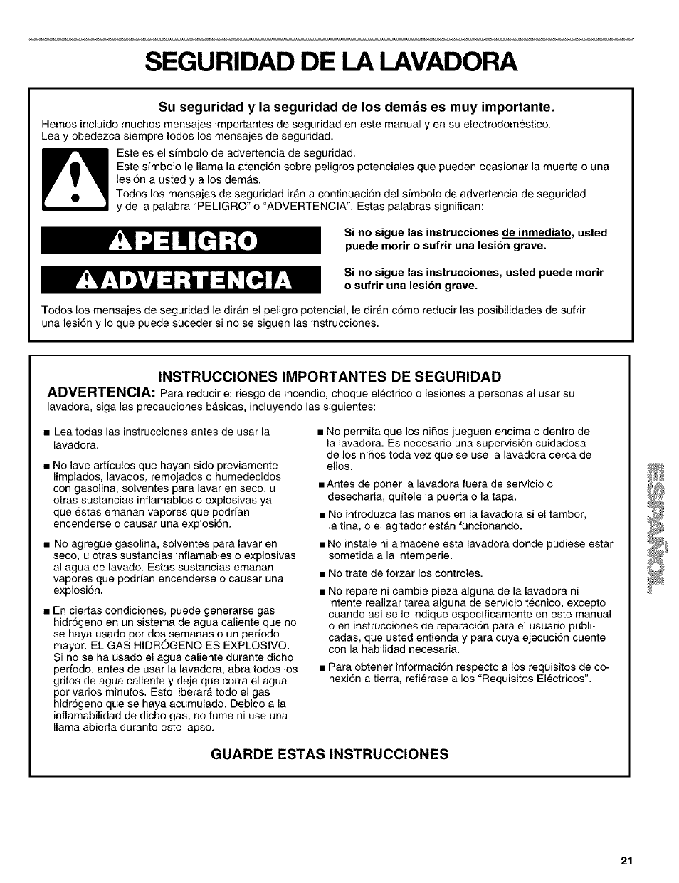 Seguridad de la lavadora, Guarde estas instrucciones, Apeligro | Aadvertencia | Kenmore 110.24975 User Manual | Page 21 / 56