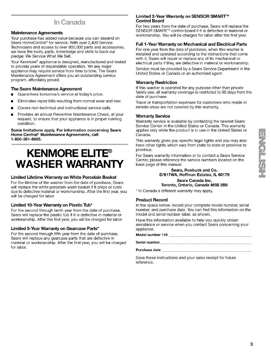 Maintenance agreements, The sears maintenance agreement, Kenmore elitp washer warranty | Limited 10-year warranty on plastic tub, Limited 5-year warranty on gearcase parts, Limited 2-year warranty on sensor smart, Control board, Warranty restriction, Warranty service, Product record | Kenmore 110.24975 User Manual | Page 3 / 56