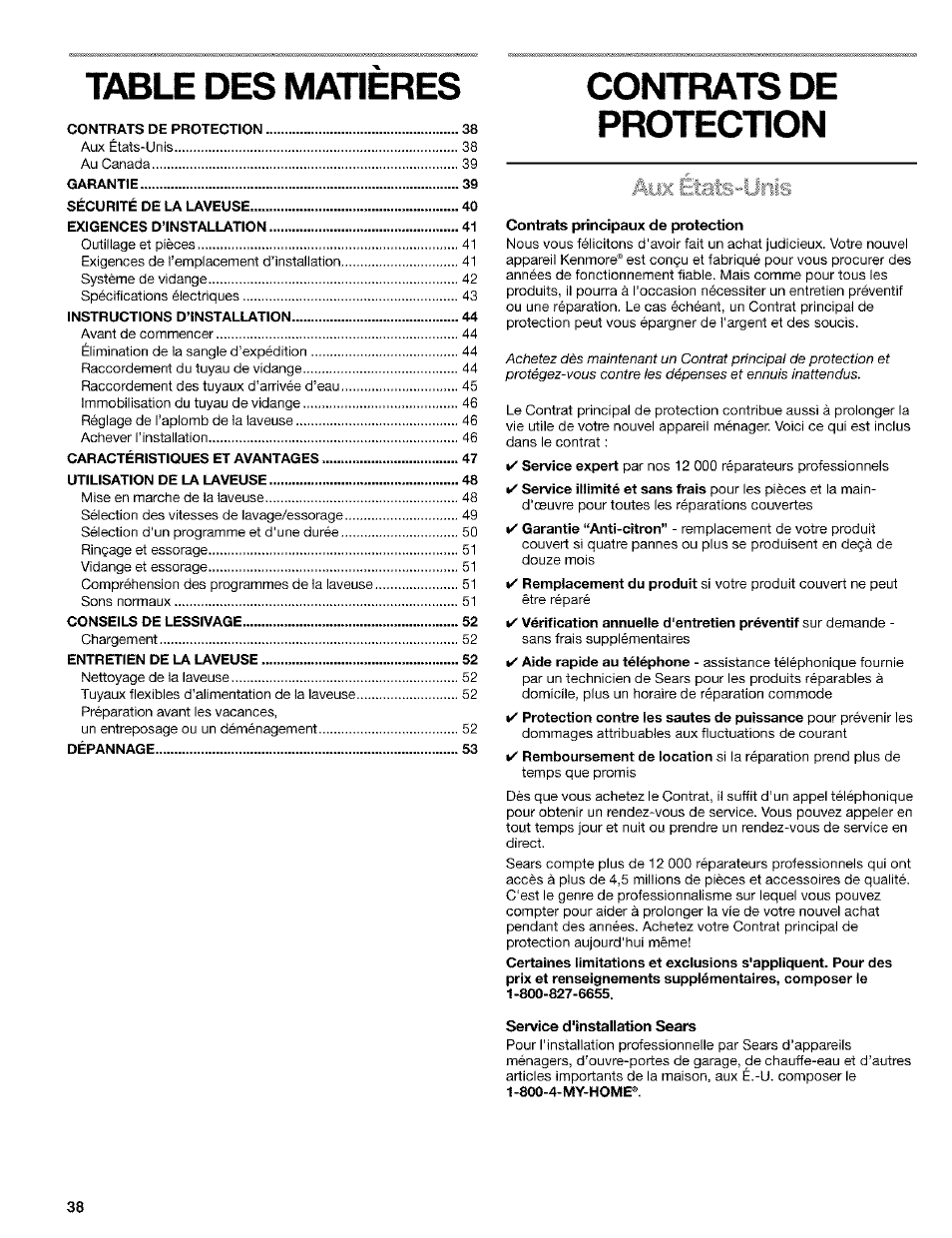Table des matieres, Contrats de protection, Contrats principaux de protection | Service d'installation sears | Kenmore 110.24975 User Manual | Page 38 / 56