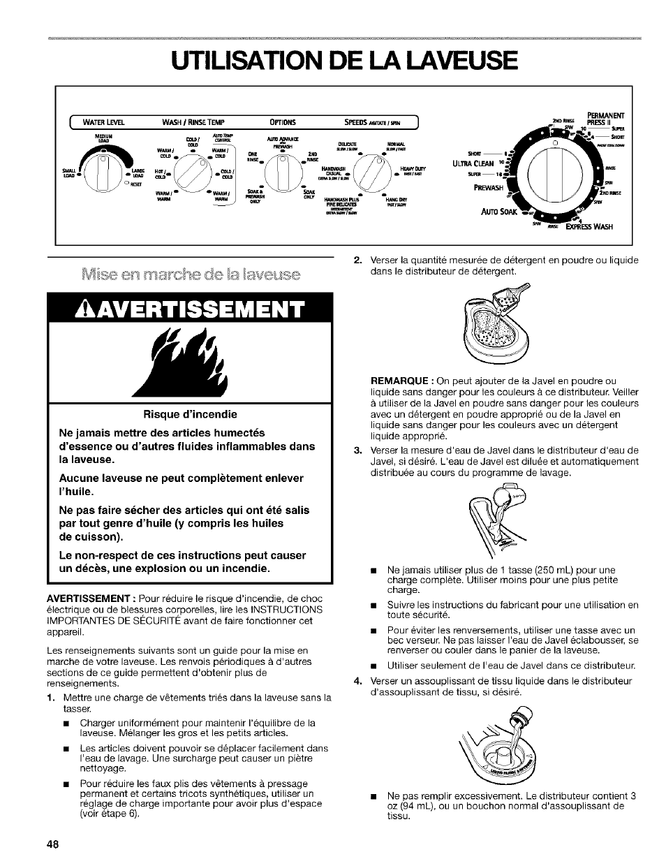 Utilisation de la laveuse, Avertissement, Mise en marche cîe la iaweyse | Kenmore 110.24975 User Manual | Page 48 / 56