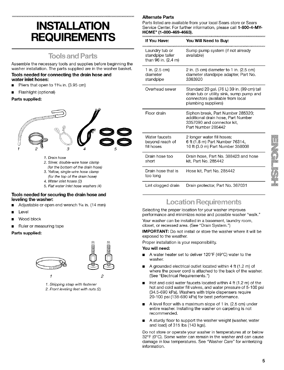 Installation, Alternate parts | Kenmore 110.24975 User Manual | Page 5 / 56