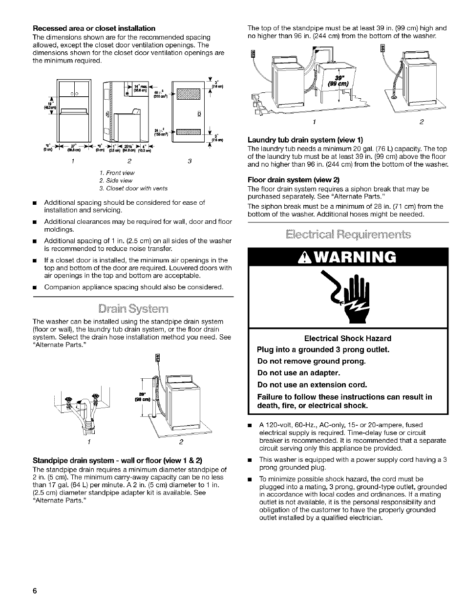 Recessed area or closet installation, Laundry tub drain system (view 1), Floor drain system (triew 2) | Awarning | Kenmore 110.24975 User Manual | Page 6 / 56