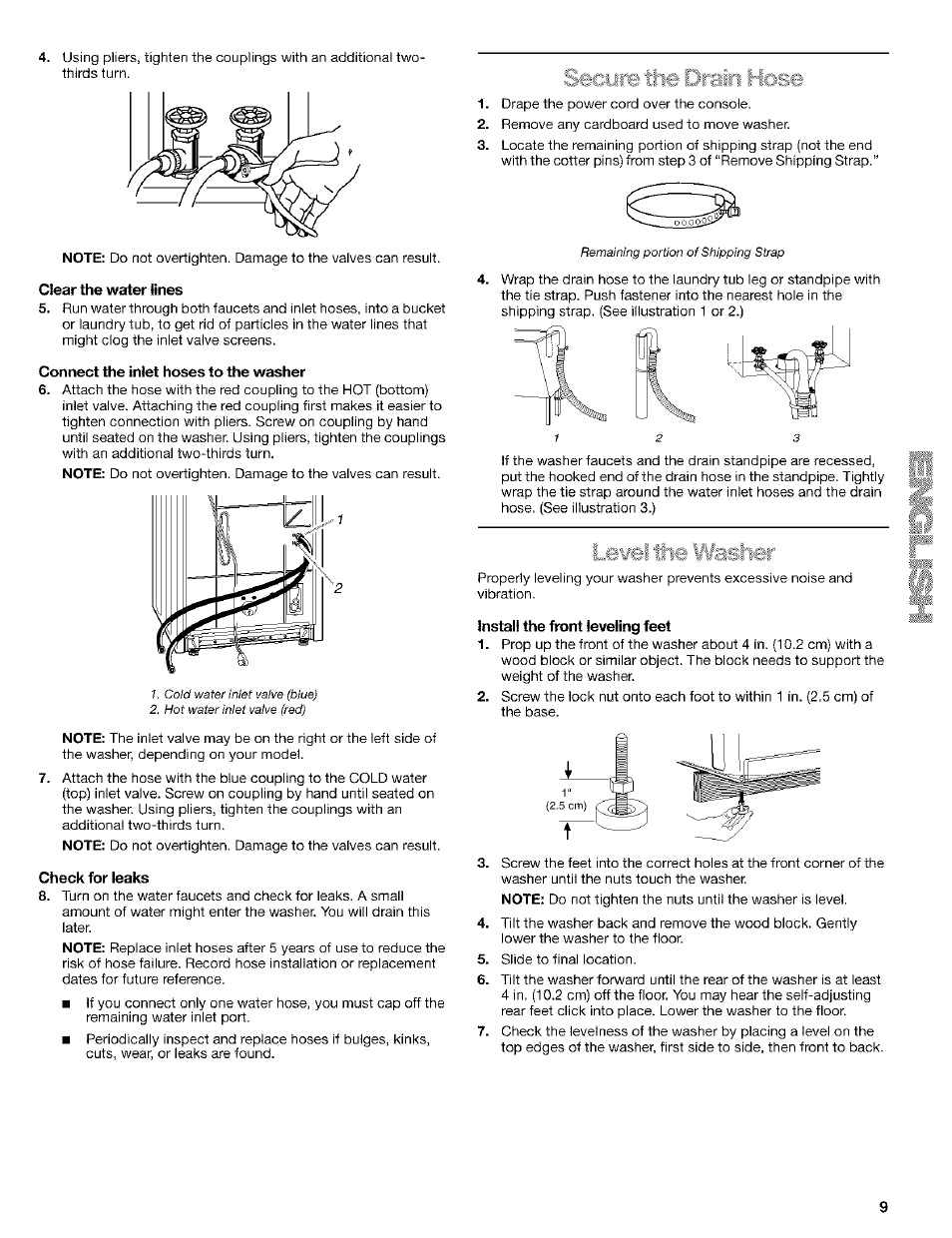 Clear the water lines, Connect the inlet hoses to the washer, Check for leaks | Install the front leveling feet | Kenmore 110.24975 User Manual | Page 9 / 56