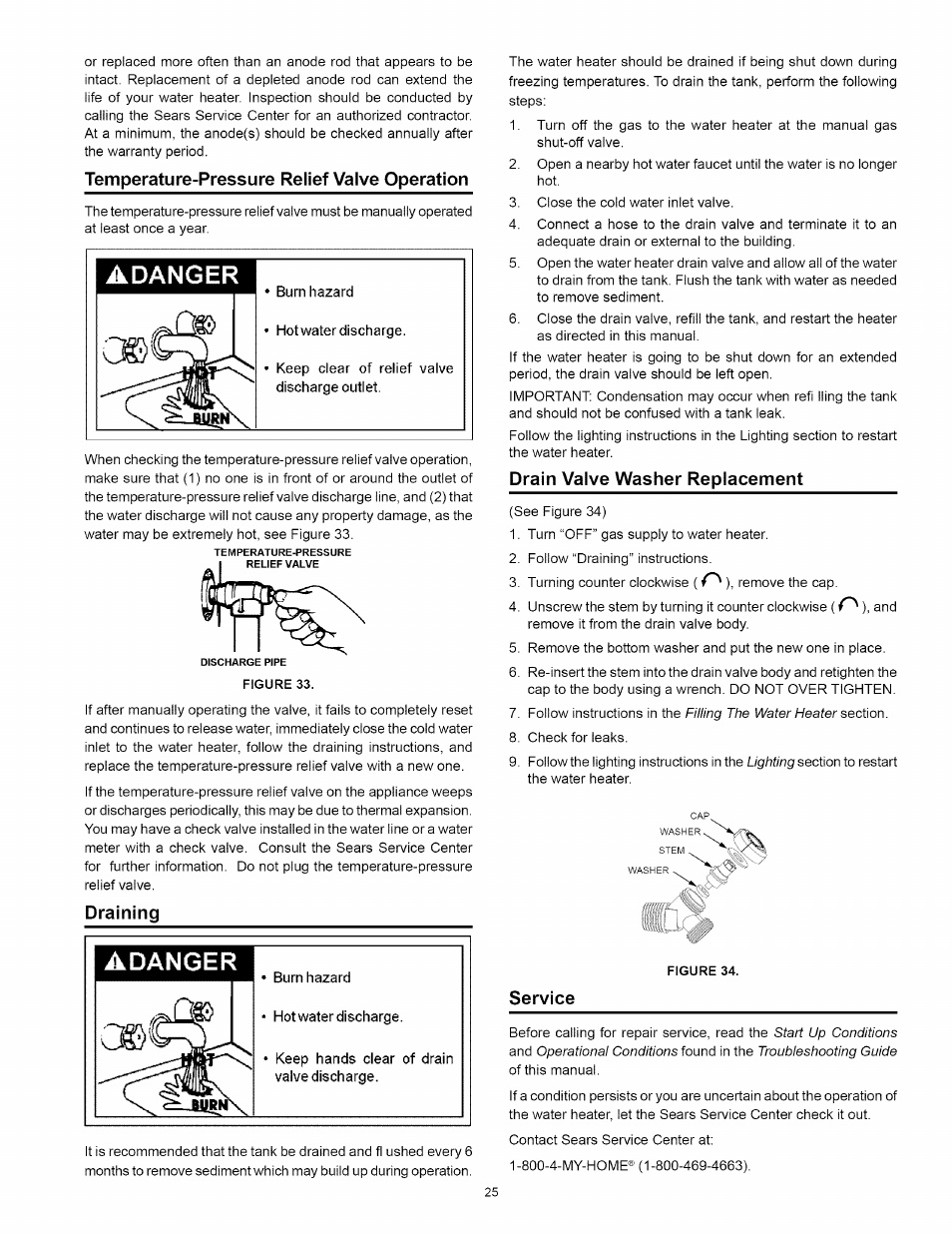 Temperature-pressure relief valve operation, Draining, Drain valve washer replacement | Temperature-pressure relief valve cperation, Draining drain valve washer replacement, Service | Kenmore POWER MISER 153.330652 User Manual | Page 25 / 32