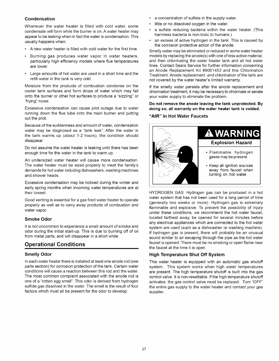 Condensation, Smoke odor, Operational conditions | Smelly odor, Air” in hot water faucets, High temperature shut off system, Condensation smoke/cdor, Cperational conditions, Smelly cdor, Air in hot water faucets | Kenmore POWER MISER 153.330652 User Manual | Page 27 / 32