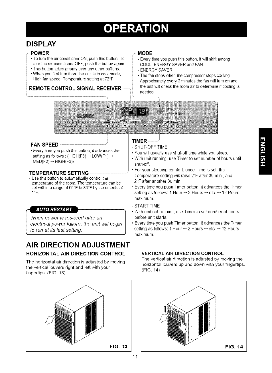 Display, Air direction adjustment, Horizontal air direction control | Bbebi, Ibmmi, Operation | Kenmore 580. 75063 User Manual | Page 11 / 32