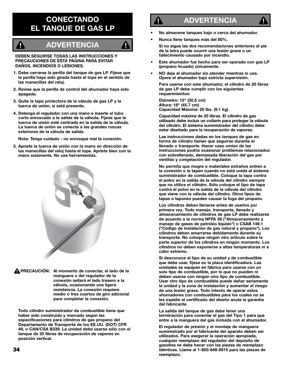 Conectando el tanque de gas lp advertencia, Advertencia | Kenmore 125.15884801 User Manual | Page 34 / 40