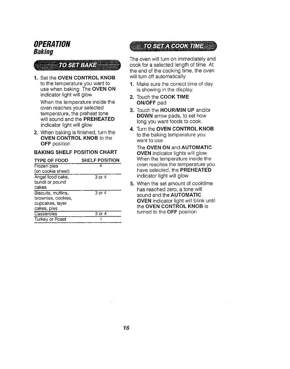 Operatíon, Baking | Kenmore 911.94752 User Manual | Page 16 / 76