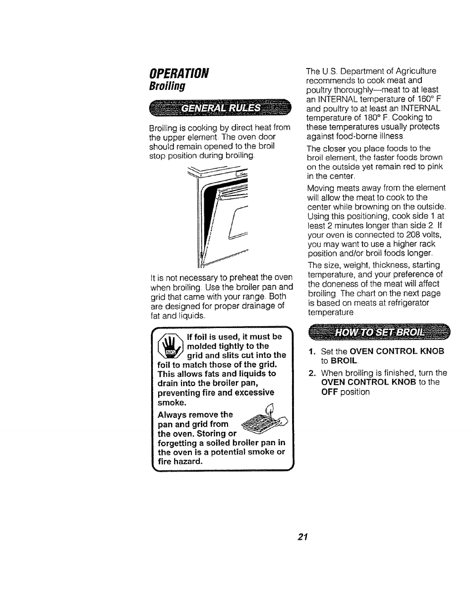 Opebation, Broiling | Kenmore 911.94752 User Manual | Page 21 / 76