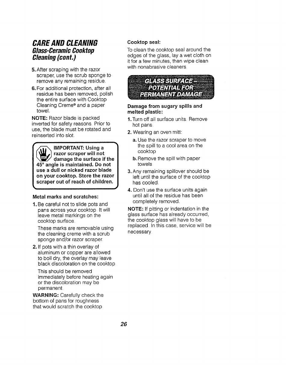 Care and cleaning, Glass-ceramm gooktop cleaning (cont) | Kenmore 911.94752 User Manual | Page 26 / 76