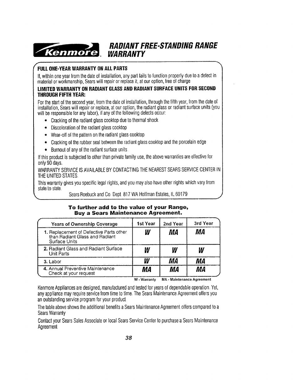 Radiant free^stâmm ranbe warranty | Kenmore 911.94752 User Manual | Page 38 / 76
