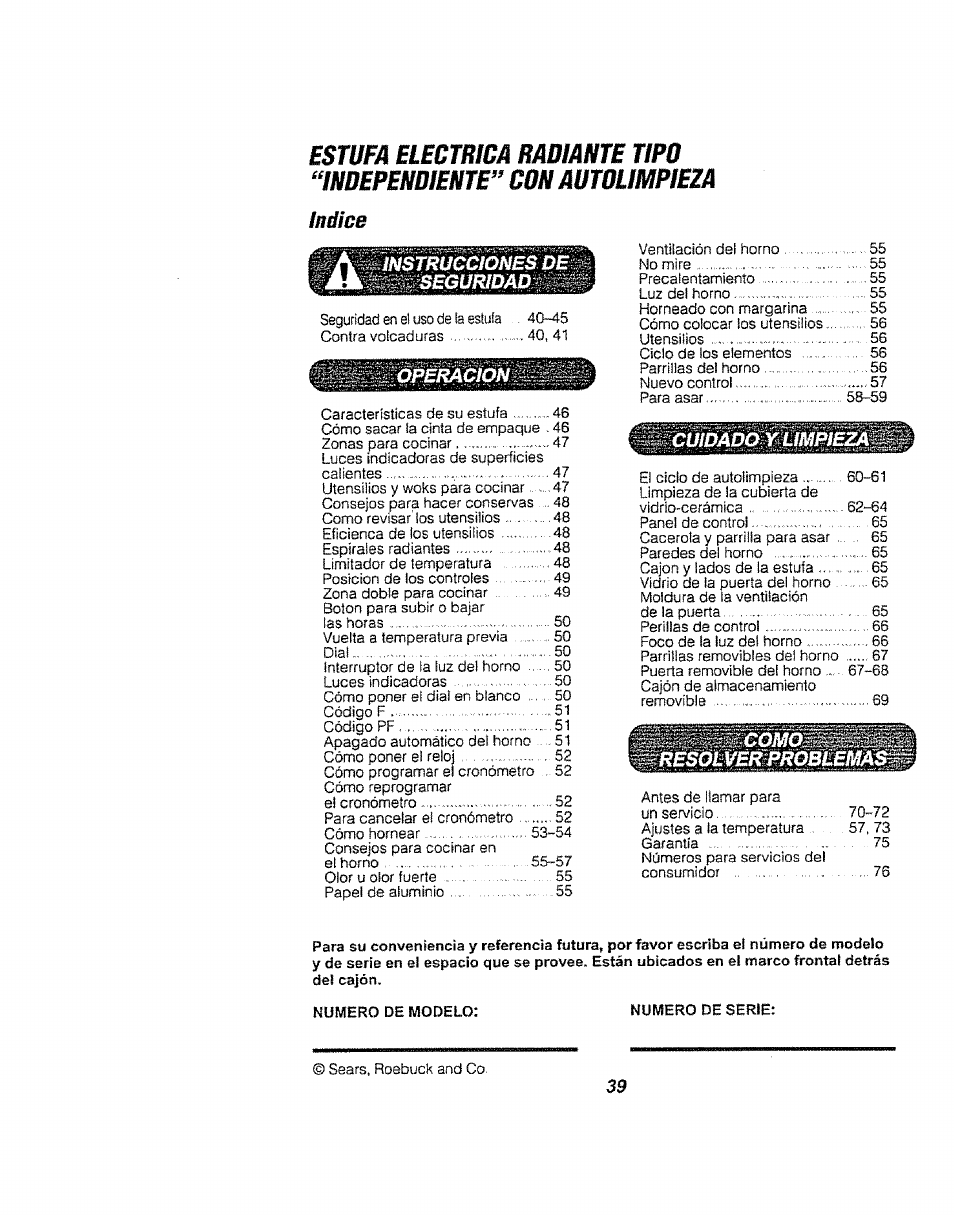 Indice | Kenmore 911.94752 User Manual | Page 39 / 76