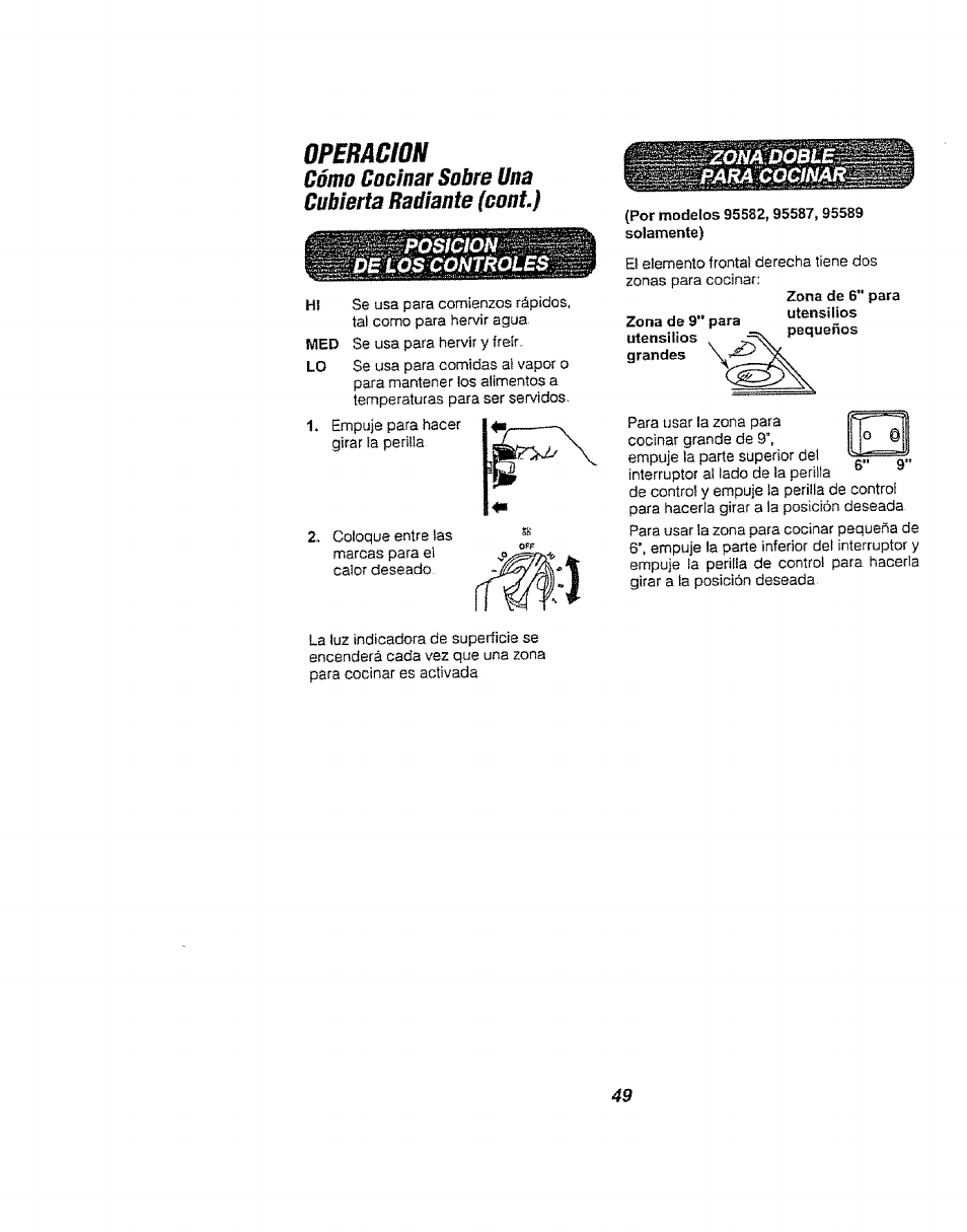 Operacion, Oómo cúúinar sobre una cubierta fíadíante (eont), Dé los controles | Kenmore 911.94752 User Manual | Page 49 / 76
