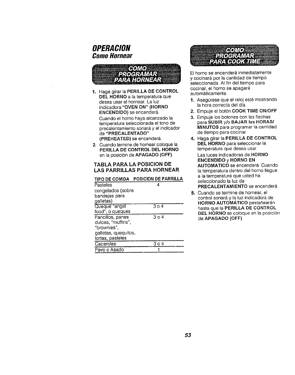 Operacion, Сото hornear | Kenmore 911.94752 User Manual | Page 53 / 76