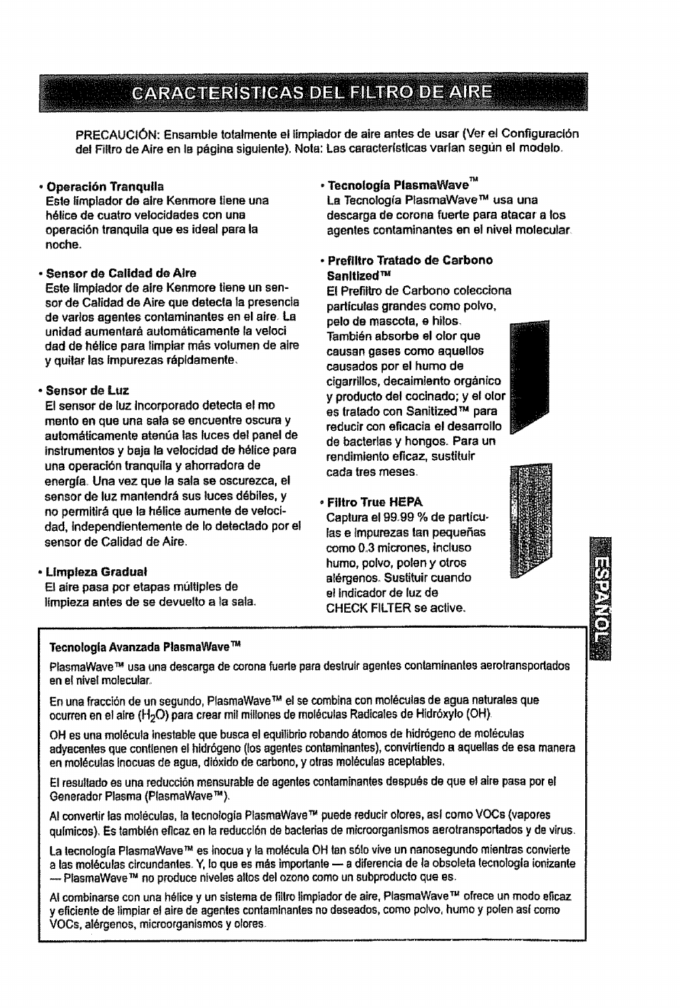 Características del filtro de aire | Kenmore PLASMAWAVE 85450 User Manual | Page 16 / 25