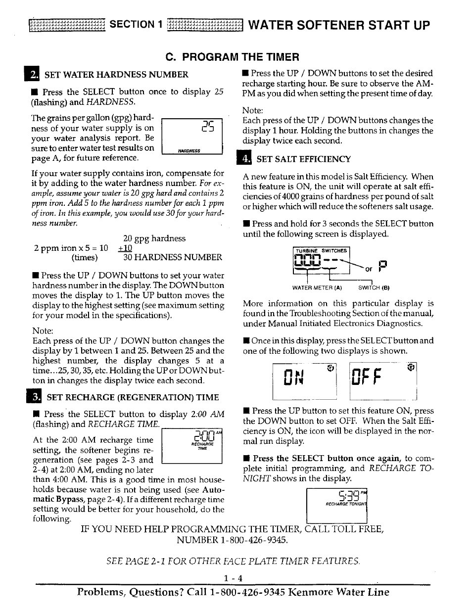 O f f, Water softener start up, C. program the timer | Kenmore 625.38816 User Manual | Page 7 / 32