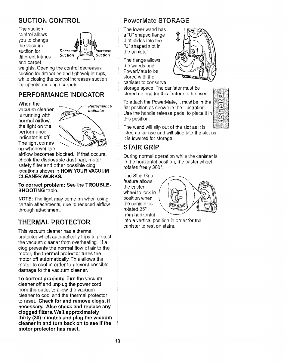 Suct!on control, Performance indicator, Thermal protector | Powermate storage, Stair grip | Kenmore 116.27514 User Manual | Page 13 / 23