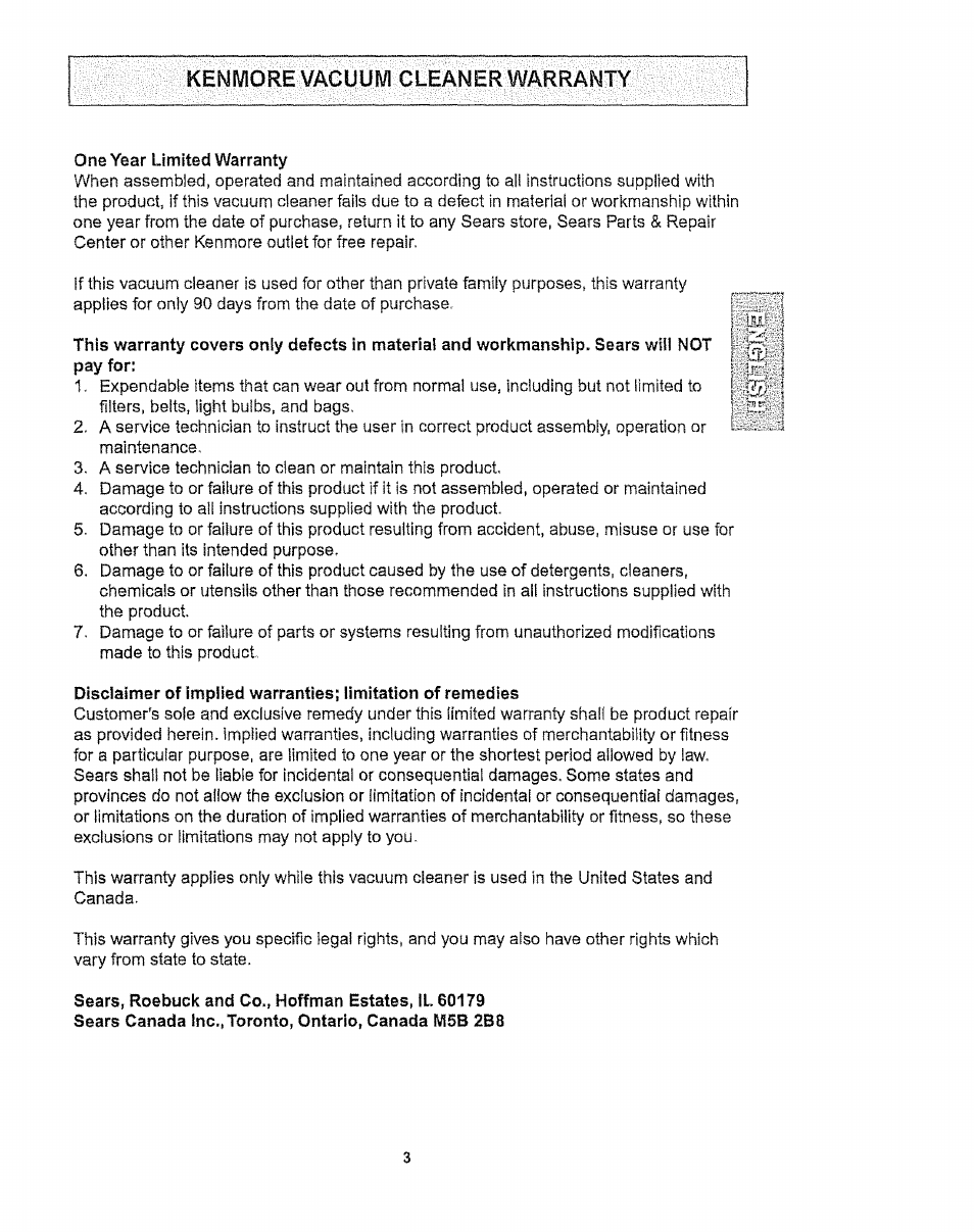 Kenmore vacuum cleaner warranty, One year limited warranty | Kenmore 116.27514 User Manual | Page 3 / 23