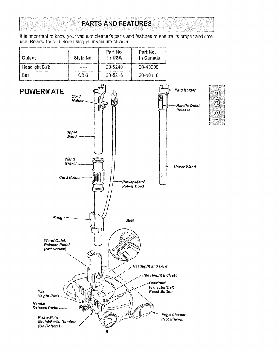 Parts and features | Kenmore 116.27514 User Manual | Page 5 / 23