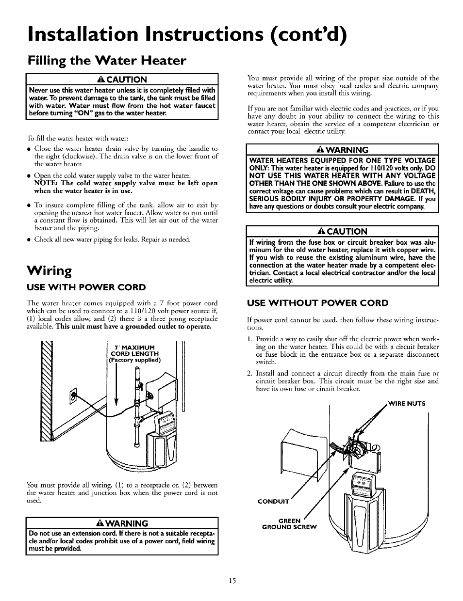 Installation instructions (cont’d), Filling the water heater, A caution | Wiring, Use with power cord, A warning, Use without power cord, Removing the old water heater, Wiring ,16 | Kenmore THE ECONOMIZER 153.33298 User Manual | Page 15 / 44