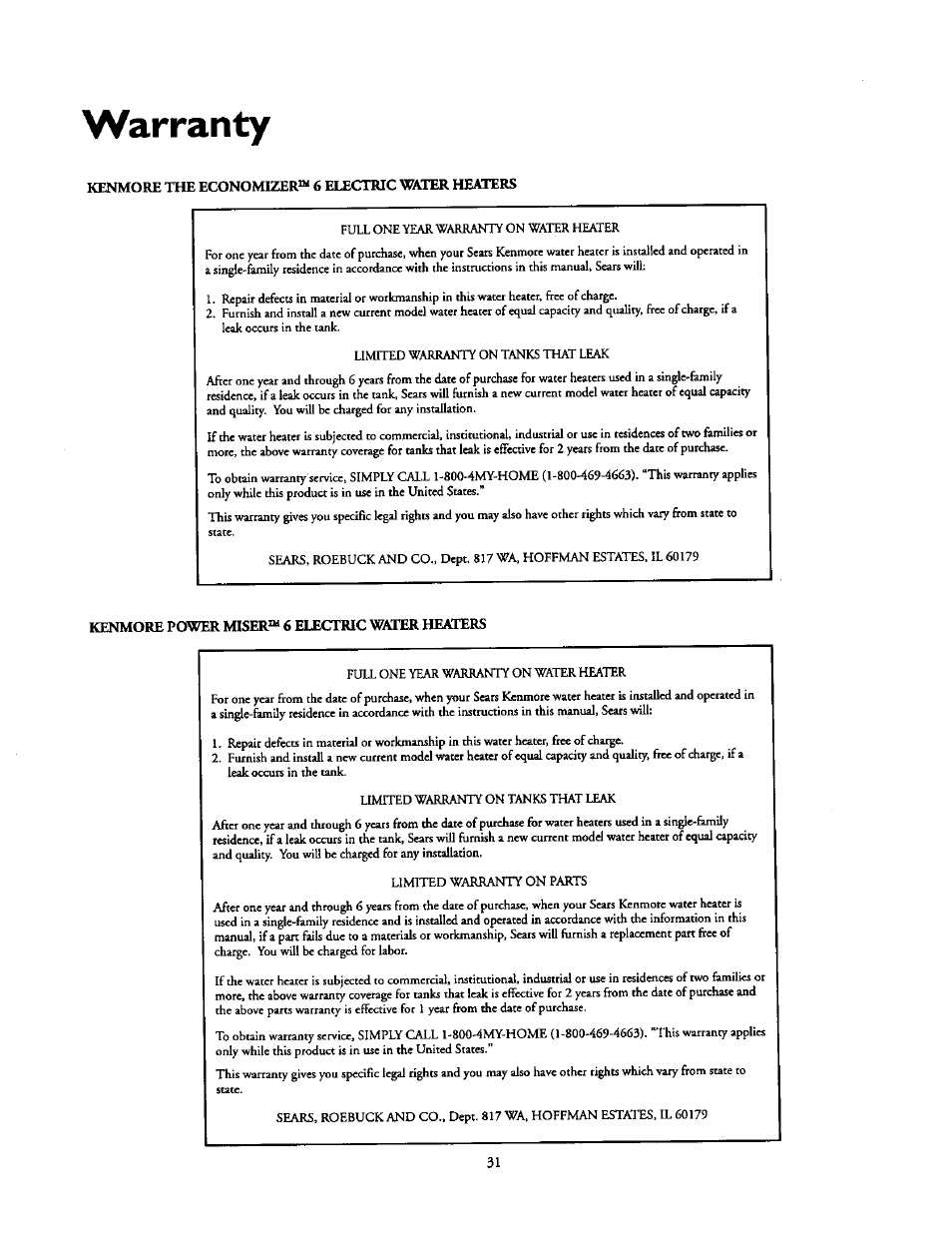 Warranty | Kenmore 153.31614 User Manual | Page 31 / 32