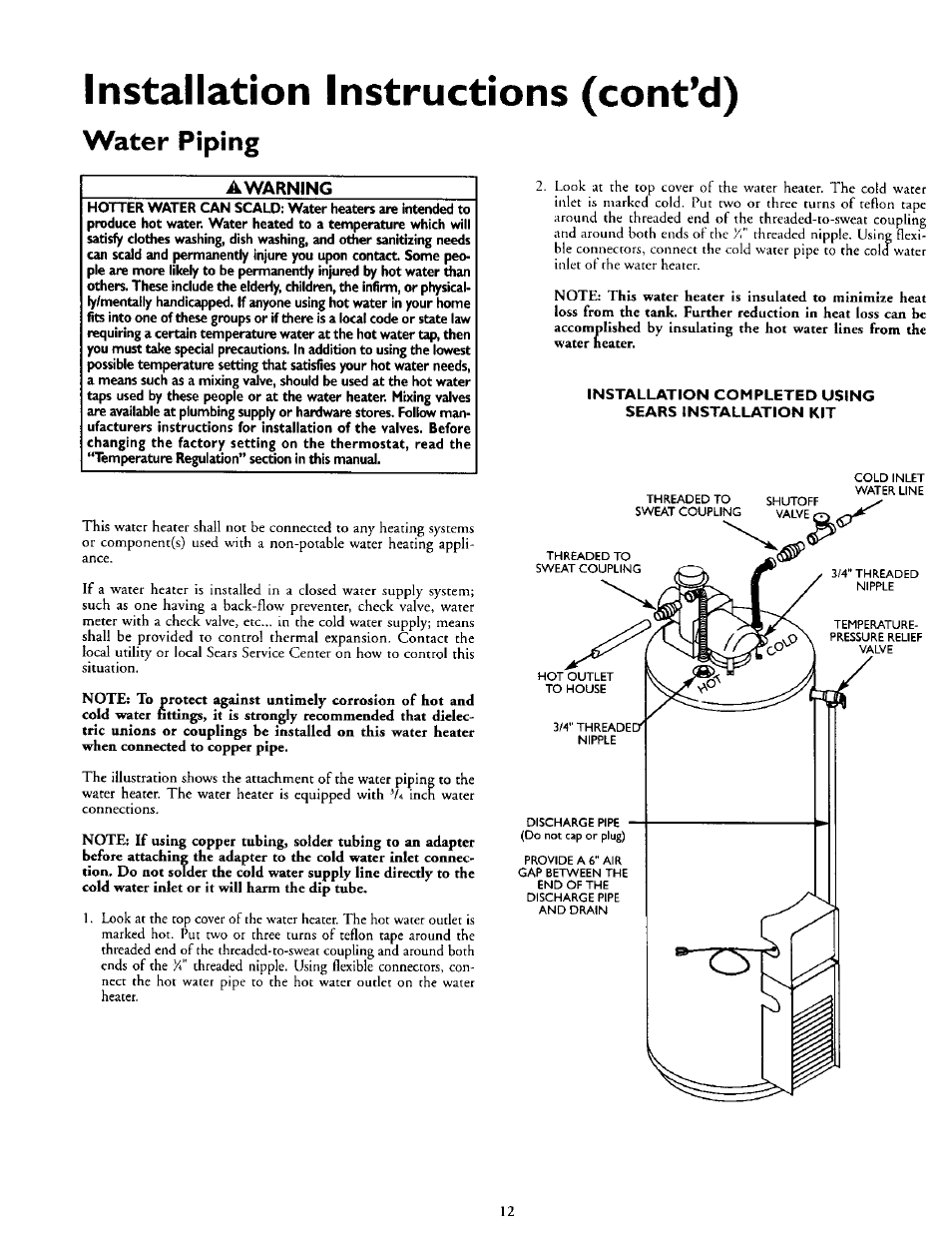 Installation instructions (cont'd), Water piping | Kenmore POWER MISER 153.335816 User Manual | Page 12 / 40
