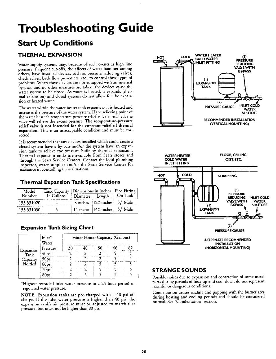 Troubleshooting guide, Start up conditions, Thermal expansion | Thermal expansion tank specifications, Expansion tank sizing chart, Strange sounds | Kenmore POWER MISER 153.335816 User Manual | Page 28 / 40