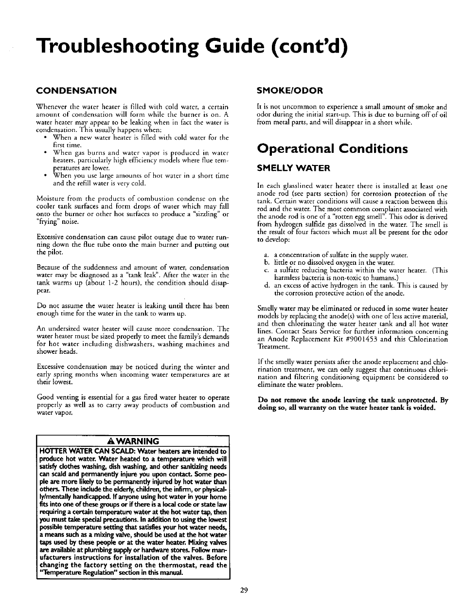 Condensation, Smoke/odor, Operational conditions | Smelly water, Awarning, Condensation smoke/odor, Operational conditions -30, Troubleshooting guide (contad) | Kenmore POWER MISER 153.335816 User Manual | Page 29 / 40
