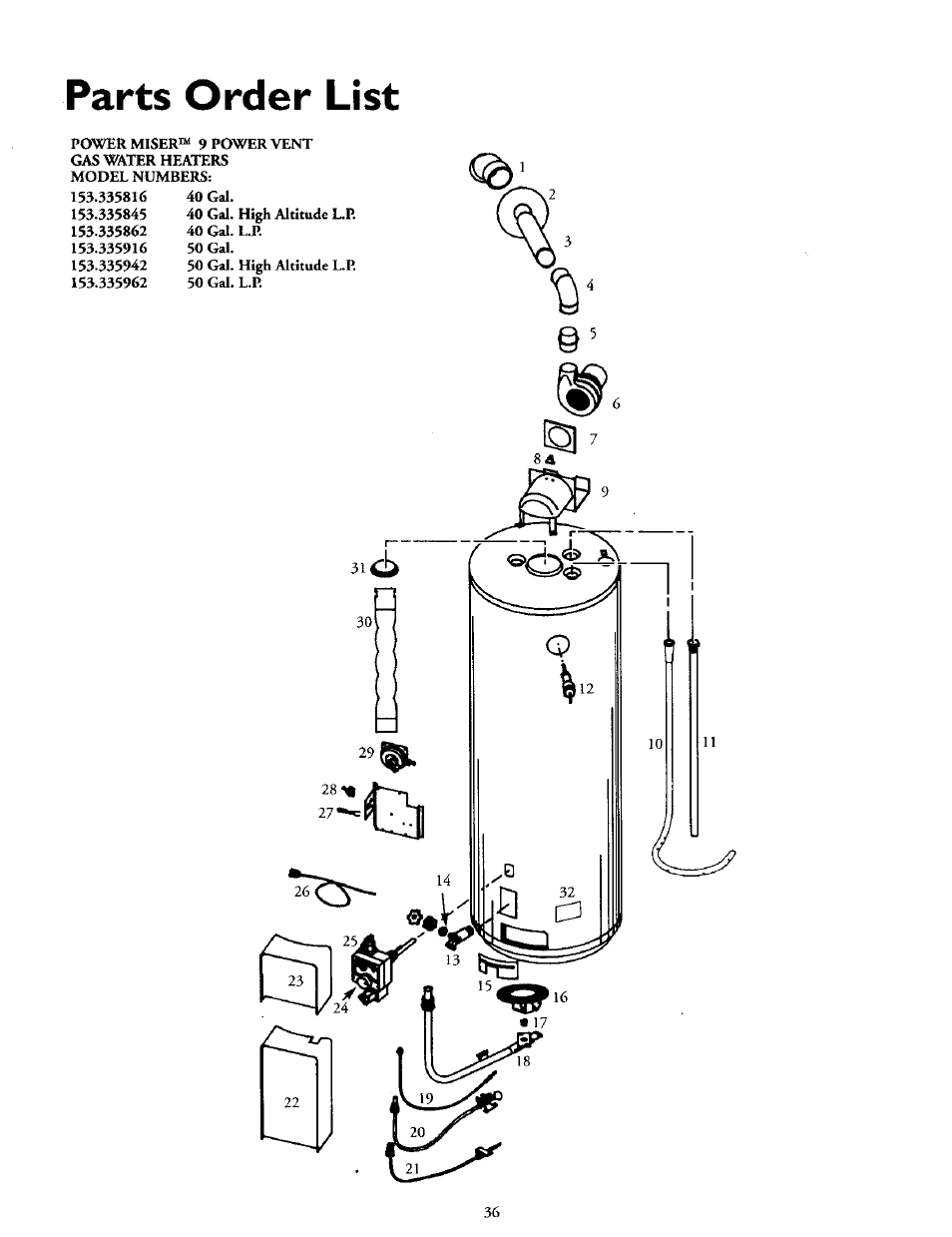 Parts order list | Kenmore POWER MISER 153.335816 User Manual | Page 36 / 40