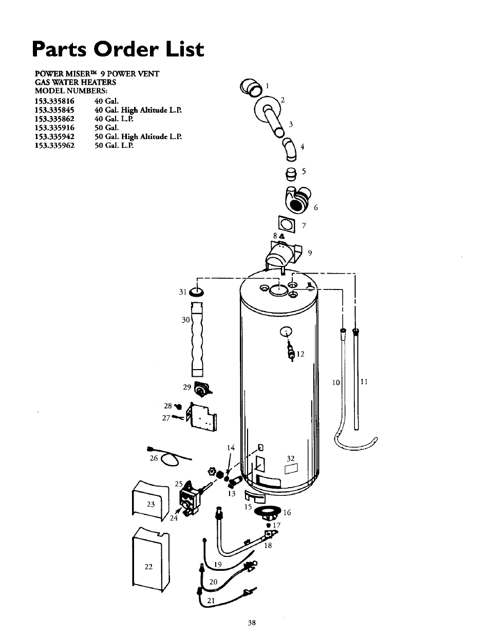 Parts order list | Kenmore POWER MISER 153.335816 User Manual | Page 38 / 40