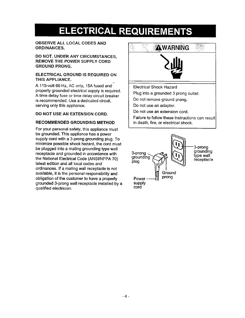 Electrical requirements | Kenmore 580.5145 User Manual | Page 4 / 13