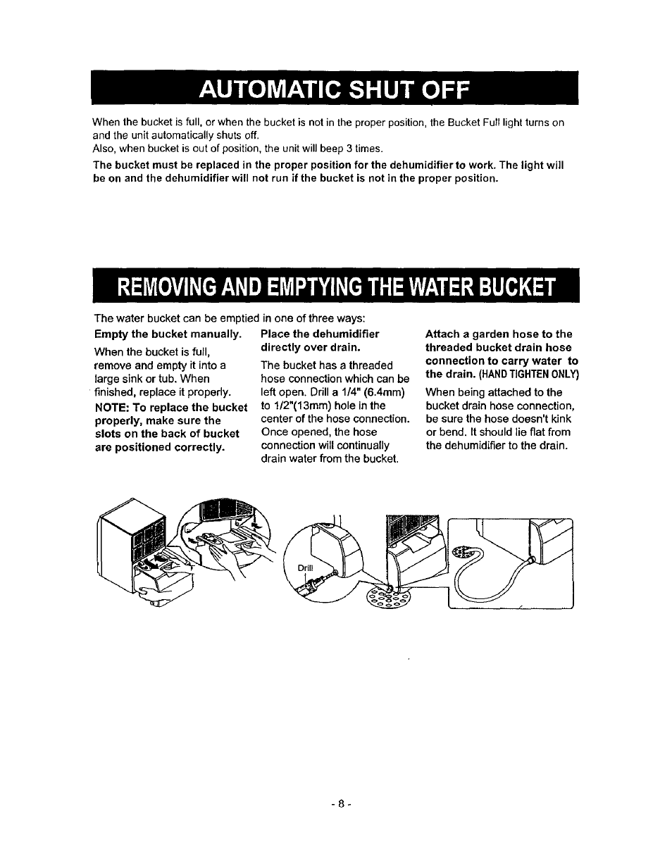 Automatic shut off, Removing and emptying the water bucket | Kenmore 580.5145 User Manual | Page 8 / 13