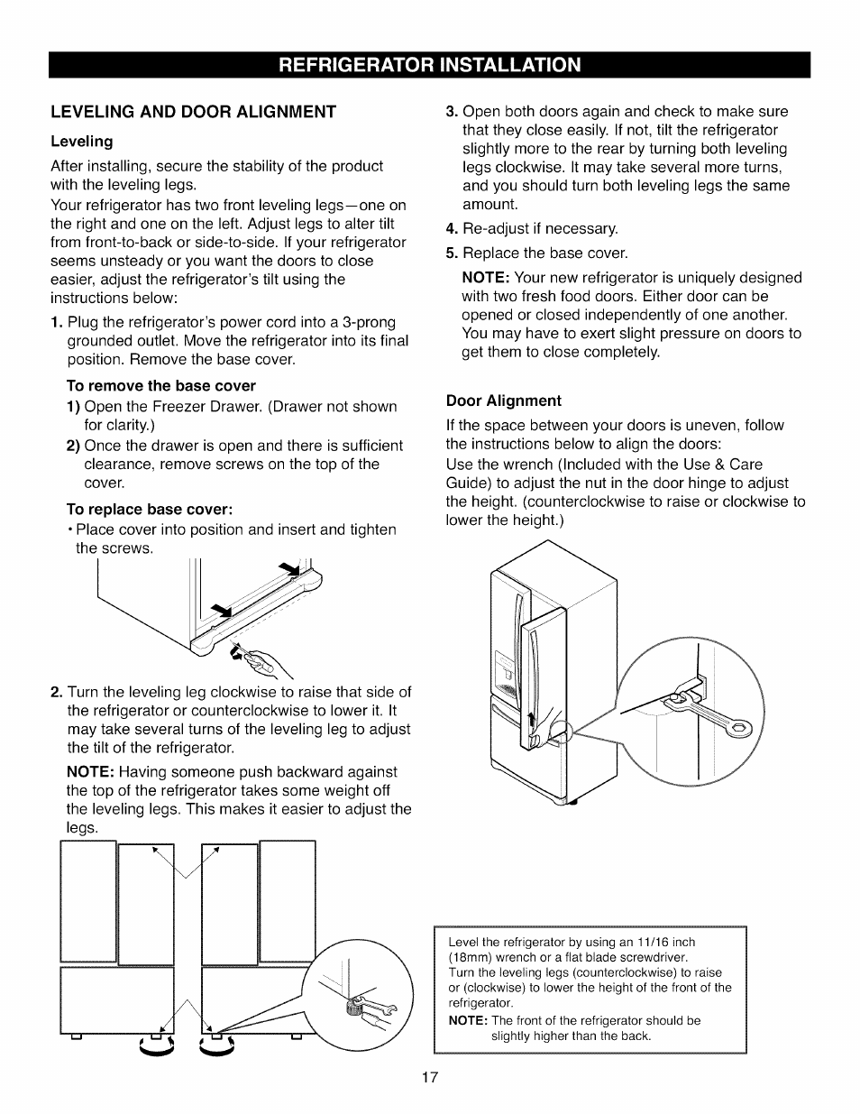 Refrigerator installation | Kenmore ELITE 795.7105 User Manual | Page 17 / 46