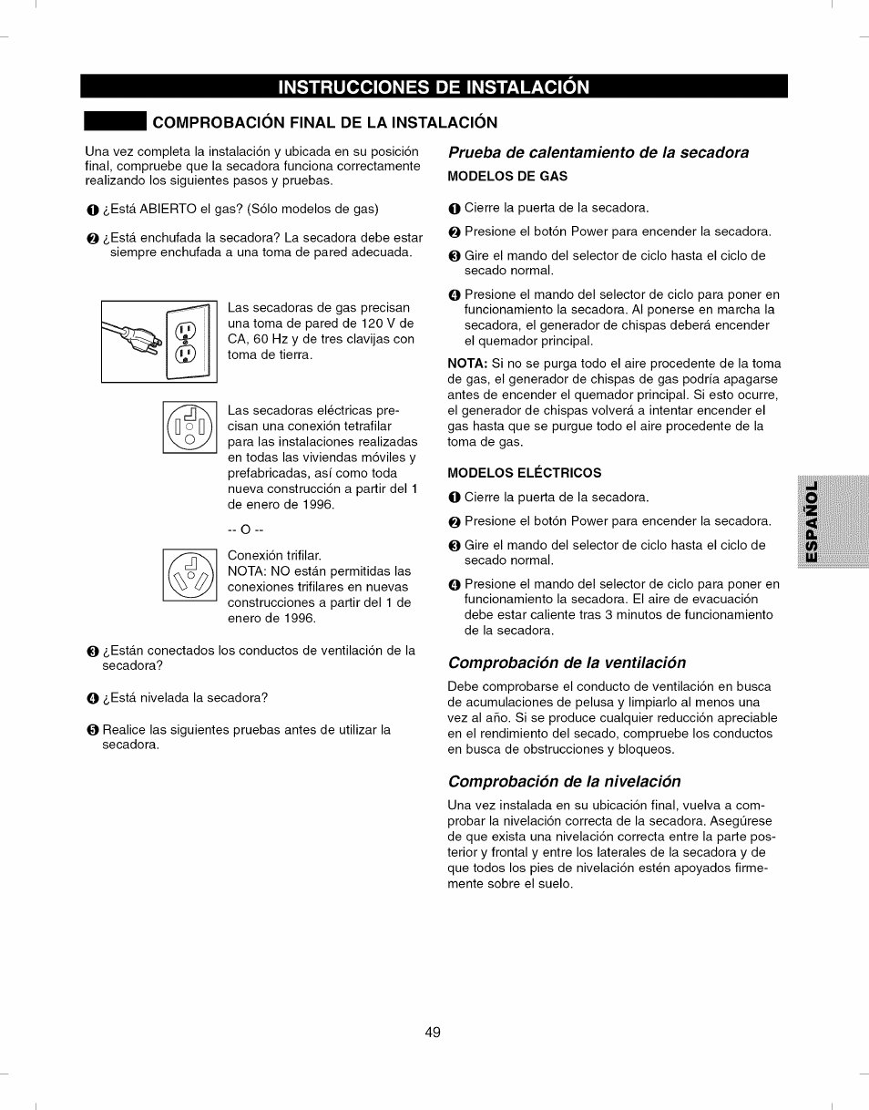 Comprobacion final de la instalacion, Modelos de gas, Modelos eléctricos | Comprobación final de la instalación, Instrucciones de instalacion | Kenmore ELITE 796.8051 User Manual | Page 49 / 68