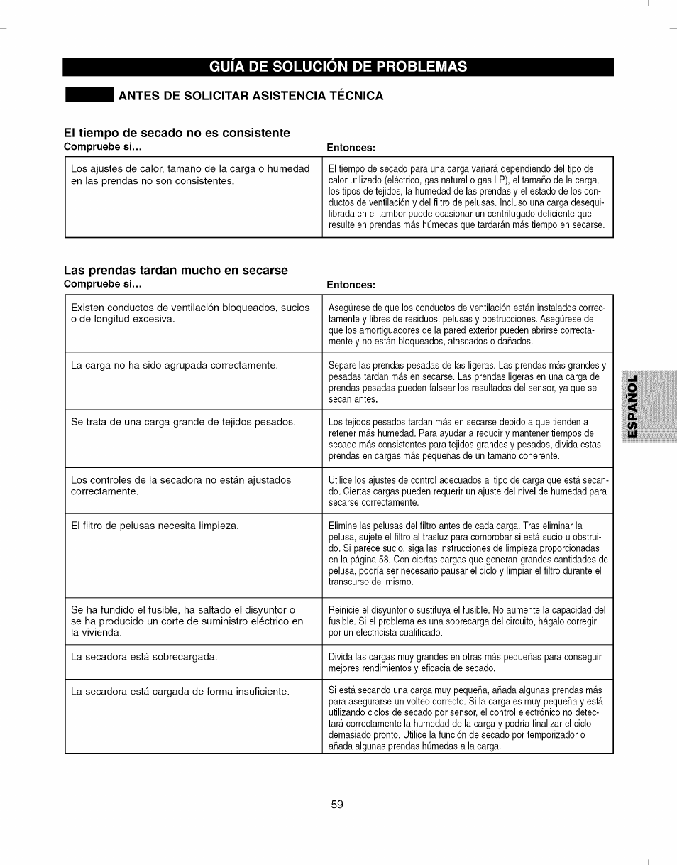 Antes de solicitar asistencia tecnica, El tiempo de secado no es consistente, Las prendas tardan mucho en secarse | Guia de solucion de problemas | Kenmore ELITE 796.8051 User Manual | Page 59 / 68