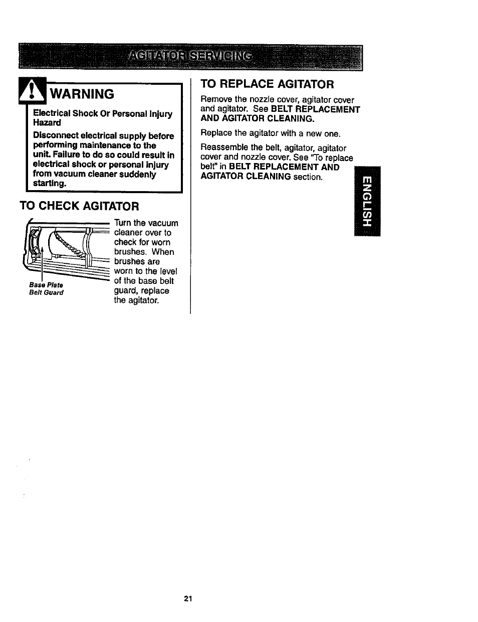 Warning, Electrical shock or personal injury hazard, To check agitator | To replace agitator | Kenmore ASPIRADORA 116.35623 User Manual | Page 21 / 44