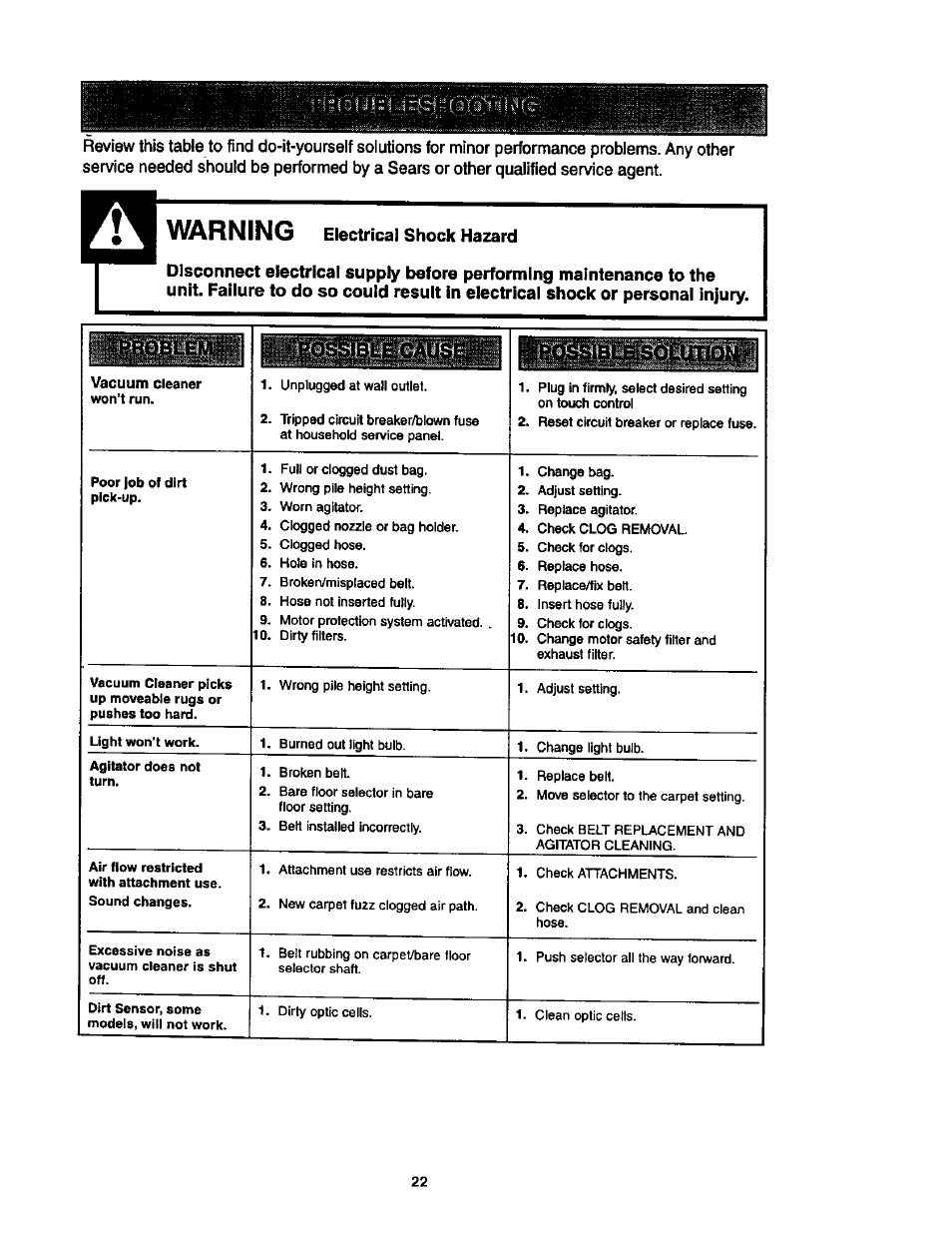 Warning electrical shock hazard, Warning | Kenmore ASPIRADORA 116.35623 User Manual | Page 22 / 44