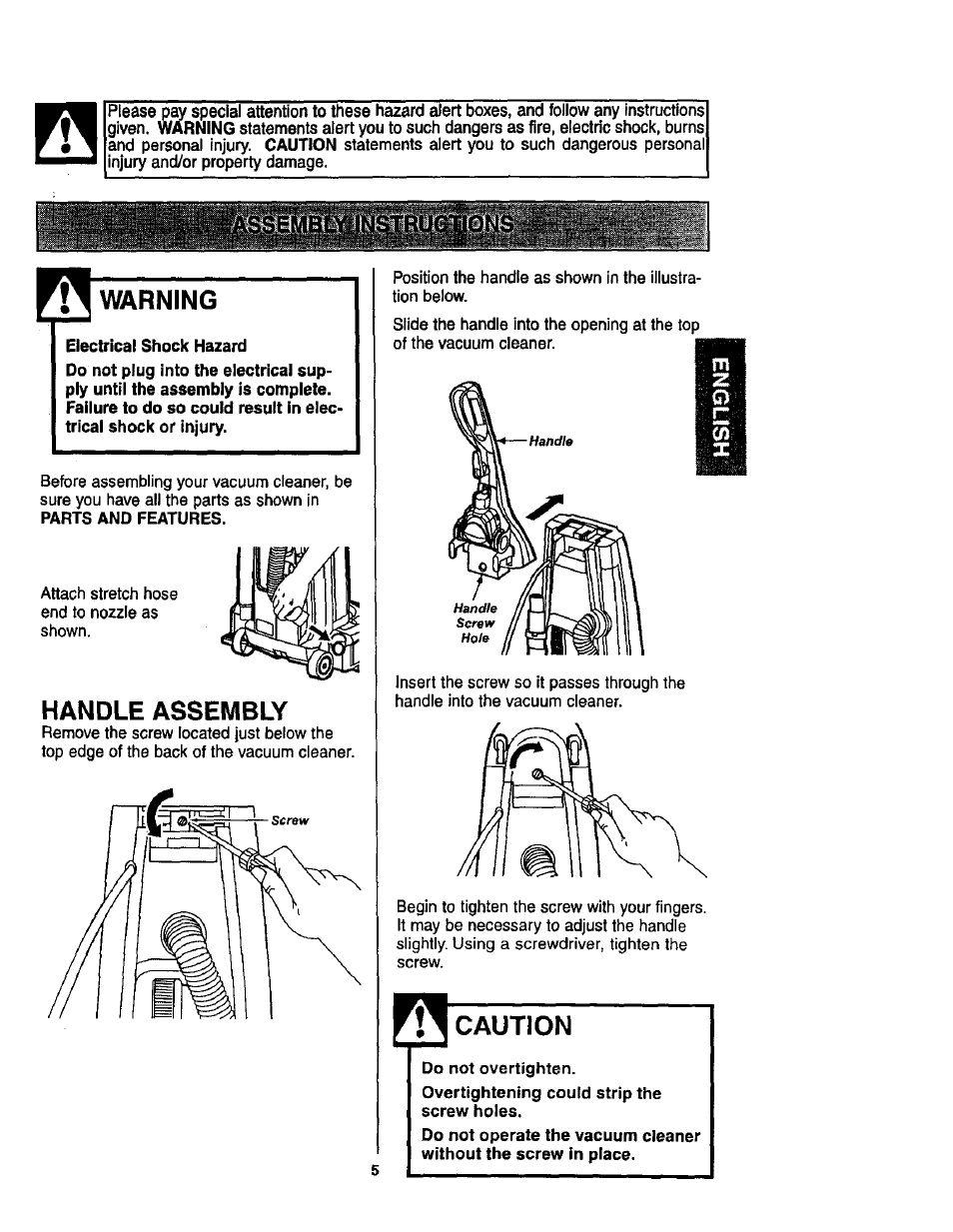 Warning, Handle assembly, Caution | Kenmore ASPIRADORA 116.35623 User Manual | Page 5 / 44