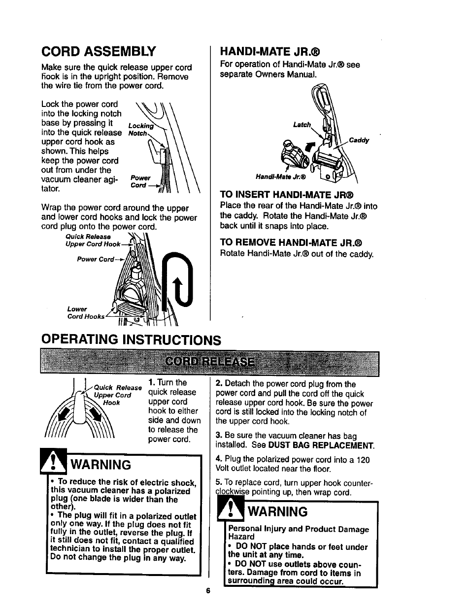 Cord assembly, Handi-mate jr, To insert handi-mate jr | To remove handi-mate jr, Operating instructions, Warning | Kenmore ASPIRADORA 116.35623 User Manual | Page 6 / 44