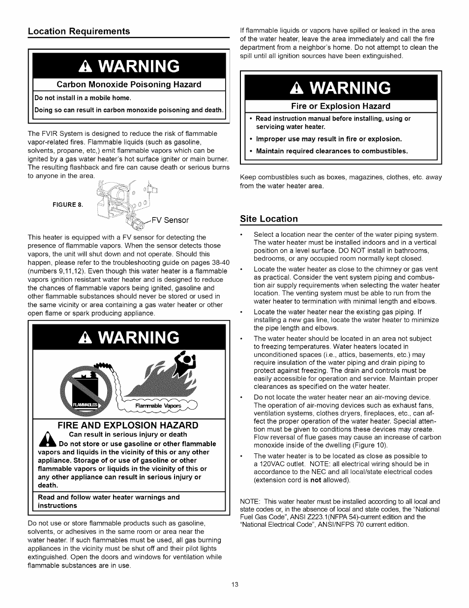 Carbon monoxide poisoning hazard, Fire or explosion hazard, Site location | A warning | Kenmore ELITE 153.33264 User Manual | Page 13 / 44
